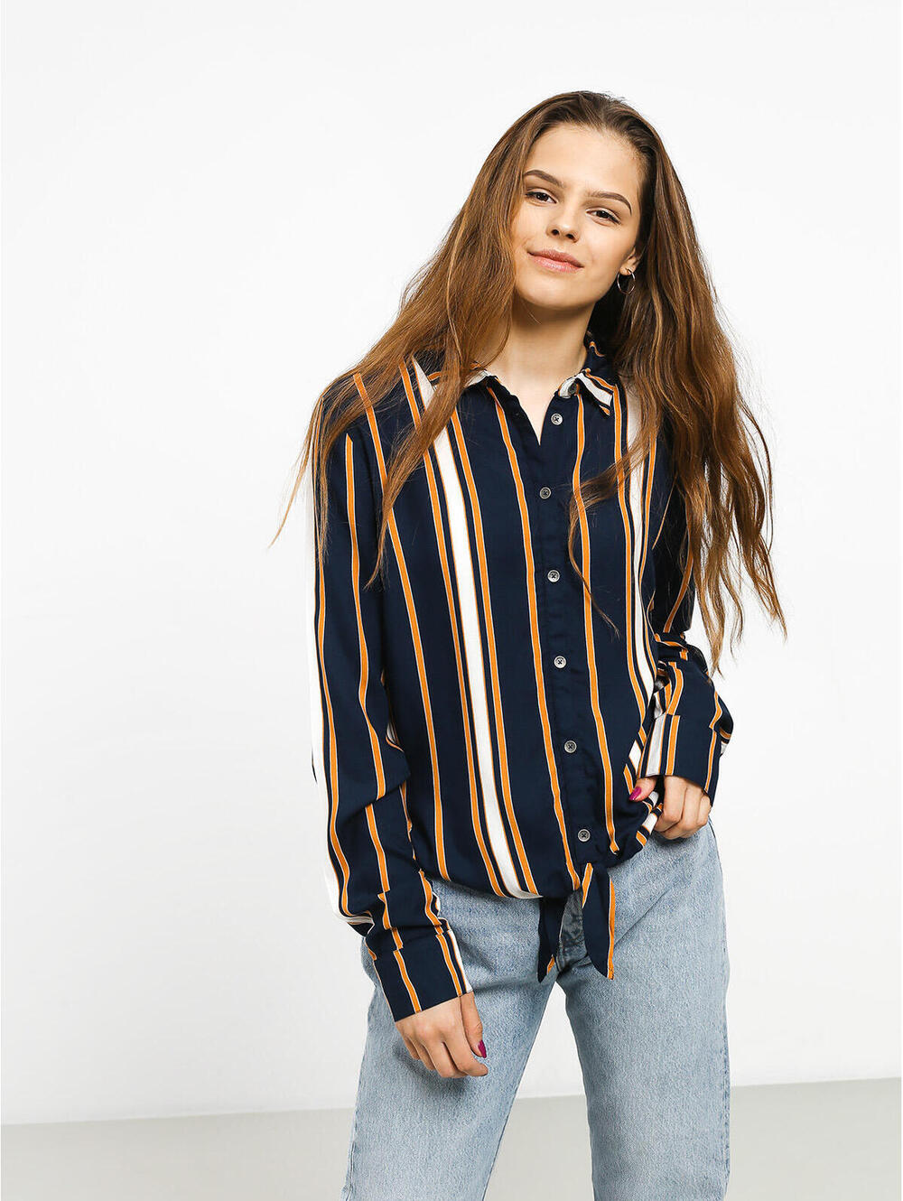 Roxy Navy Blue and Brown Striped Button-Up Shirt Sz M